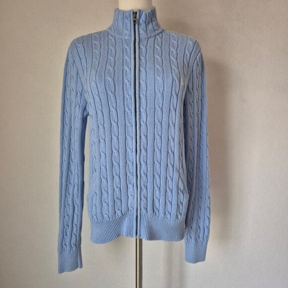 Vintage Y2K Ralph Lauren Sport Pony Cotton Cable Knit Zip Cardigan Pocket Blue - Picture 3 of 15